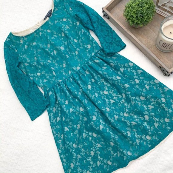 French Connection Teal Lace Long Sleeve Dress - Picture 3 of 14